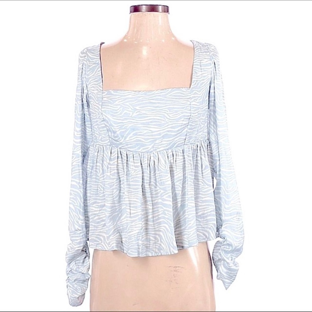 Free People Baby Blue Zebra Silk Blouse Size M